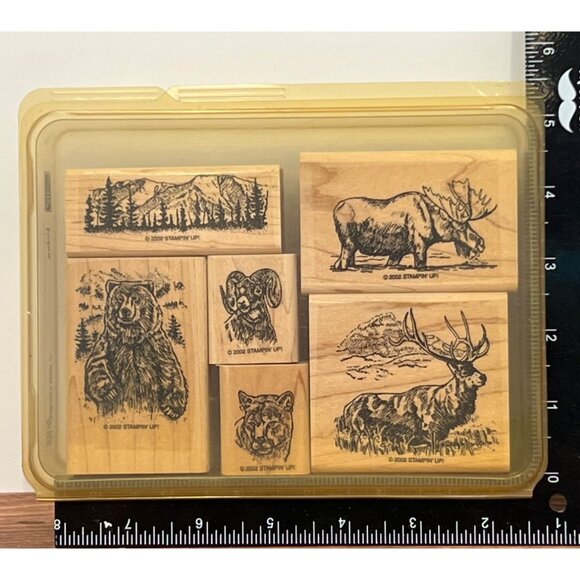 HTF STAMPIN' UP! YUKON Wood Mounted Rubber Stamp set of6 ELK BEAR MOOSE RAM RARE - Picture 2 of 5